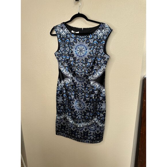 London Times Womens Blue Black Dress‎ 10 sleeveless polyester pencil round neck - Picture 1 of 8
